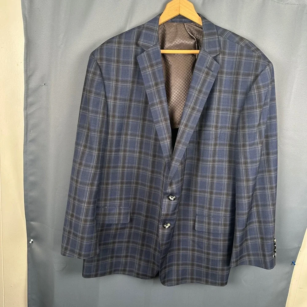 Trunk Club Custom Mens Blue Brown Plaid Wool Blend Blazer Sport Coat C203 50R